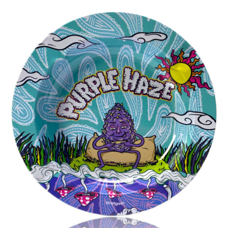 Popielniczka metalowa Best Buds Purple Haze, front przedstawia fioletowy topek konopi, który zwija jointa.