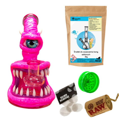 Różowe Bongo szklane "Alien" + zestaw 4 akcesoriów