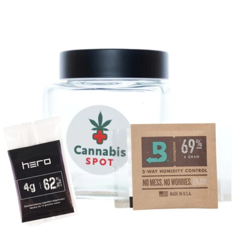 Szklany wytrzymały słoik na susz + sazetka regulujaca wilgotnosc