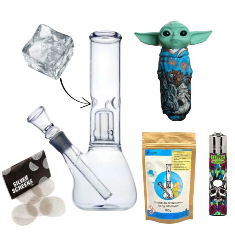 Bongo Lodowe Bullet Szklane z Filtracją + 10x sitka + Lufka Baby Yoda + Clipper + Środek do Czyszczenia
