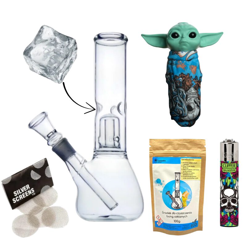 Bongo Lodowe Bullet Szklane z Filtracją + 10x sitka + Lufka Baby Yoda + Clipper + Środek do Czyszczenia