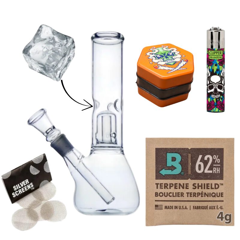 Bongo Lodowe Bullet Szklane z Filtracją i Dyfuzorem + 10x sitka + Grinder + Clipper + Saszetka Boveda