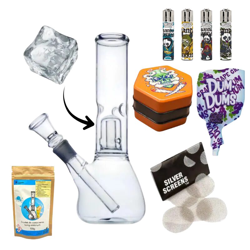 Zestaw Bongo Szklane Lodowe z Filtracją Dyfuzorem + 10x Sitka + Clipper + Młynek + Środek do czyszczenia (1)