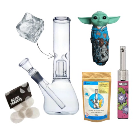 Bongo Lodowe Bullet Szklane z Filtracją + 10x sitka + Lufka Baby Yoda + Clipper + Środek do Czyszczenia